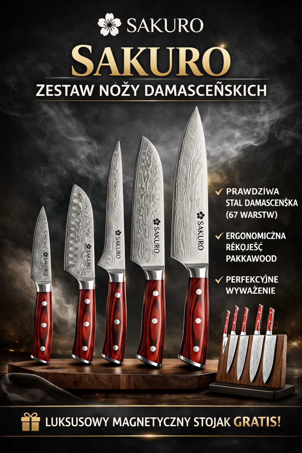 🔪 Luksusowy 5-częściowy zestaw noży SAKURO wykonany z prawdziwej stali damasceńskiej + 🎁 BEZPŁATNY stojak