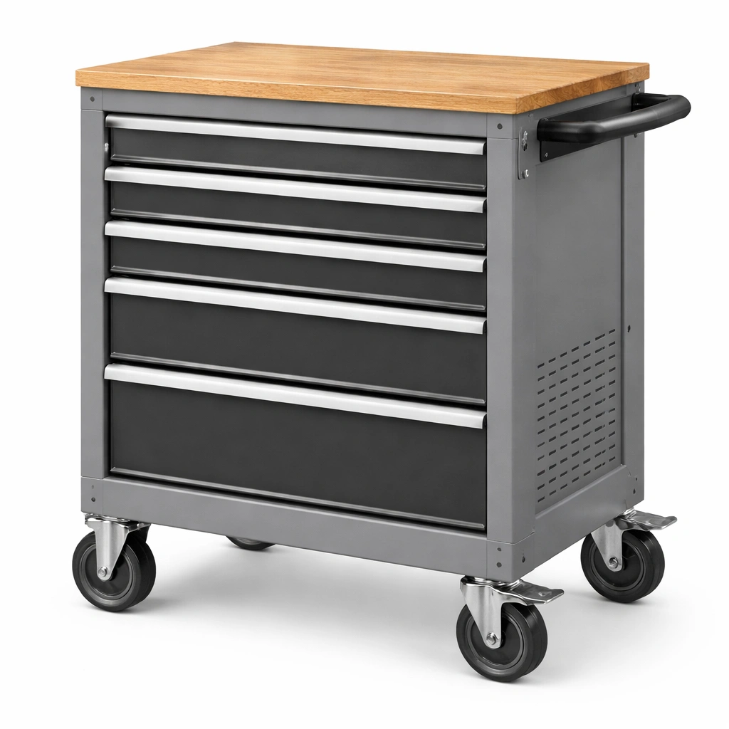 Carro de herramientas de acero negro con 5 cajones y madera-roomlina