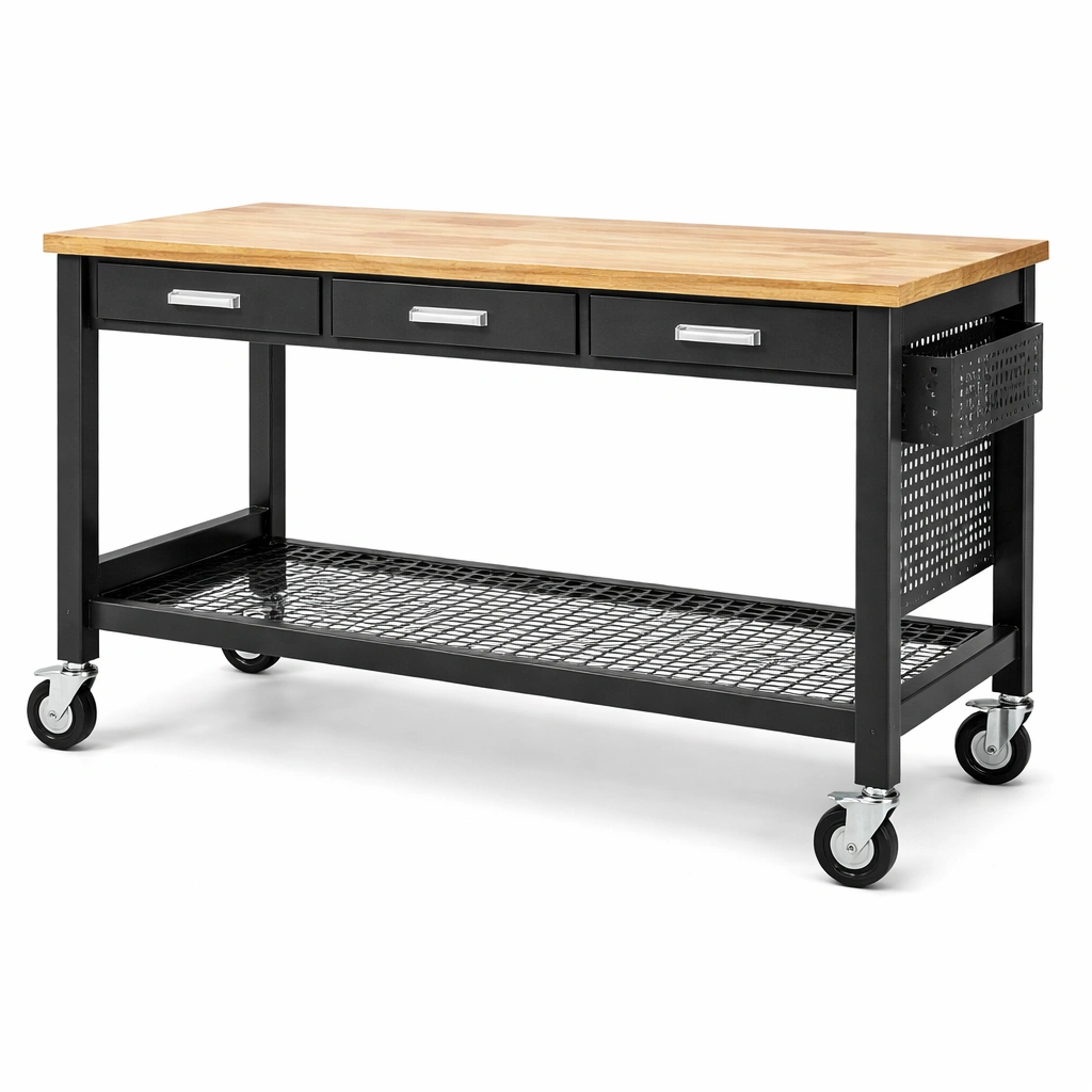 Banco de trabajo móvil con ruedas con superficie de madera y estructura de metal negro-roomlina