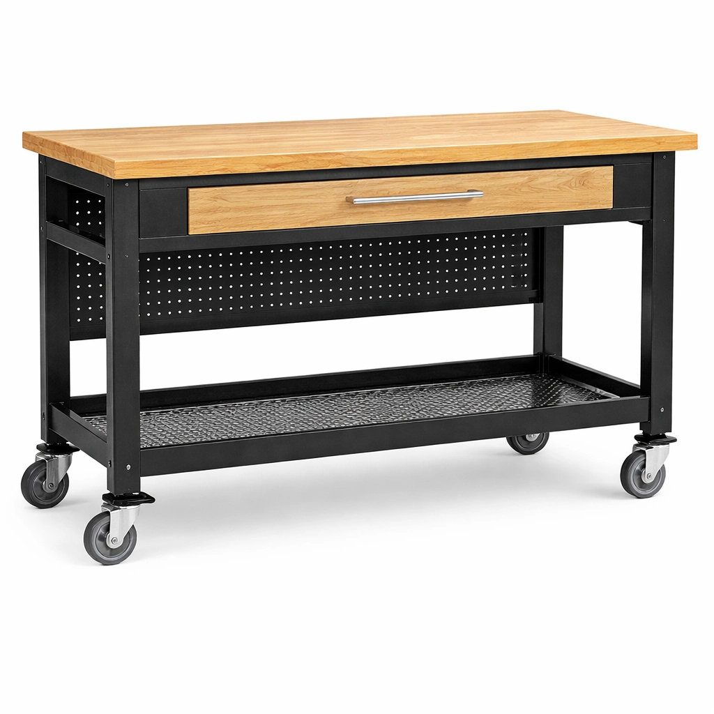 Banco de trabajo de acero y madera con ruedas 137x51x93 cm-roomlina