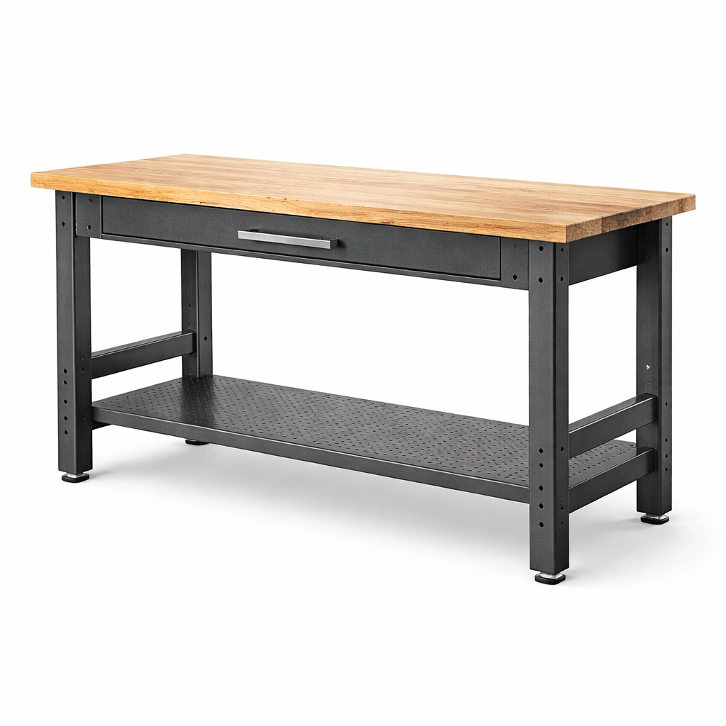 Banco de trabajo de roble y metal negro 120x60x90 cm-roomlina