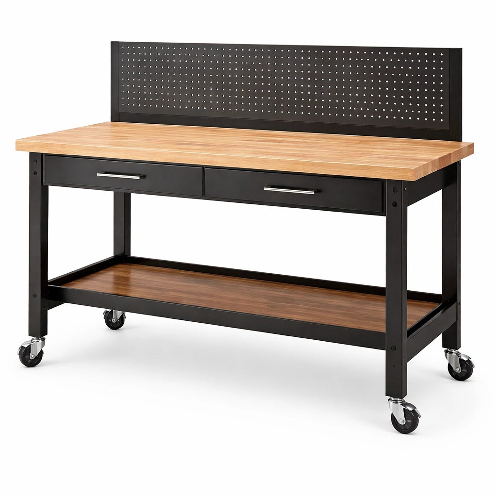 Banco de trabajo de madera y metal negro con ruedas-roomlina