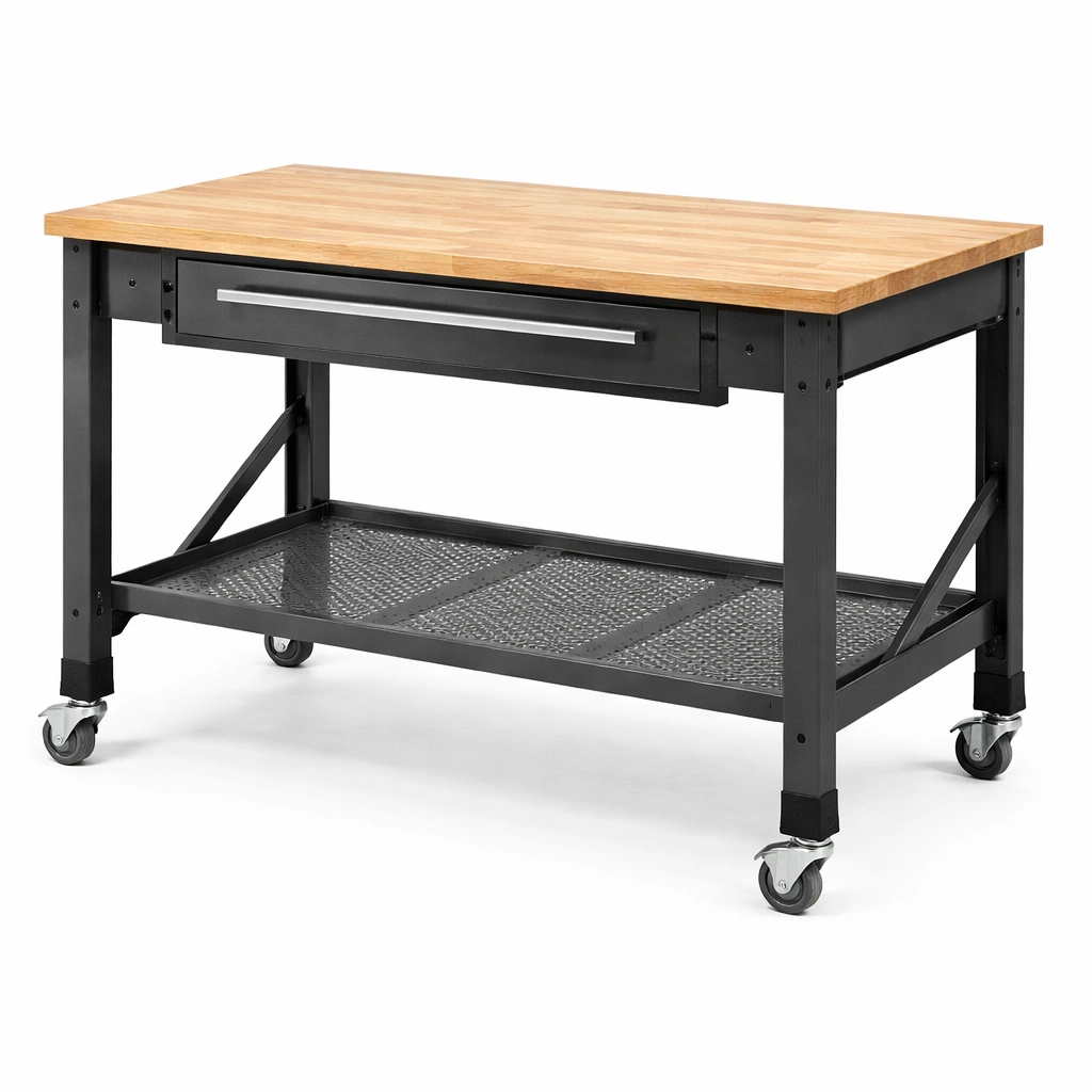 Banco de trabajo de metal y madera con ruedas-roomlina