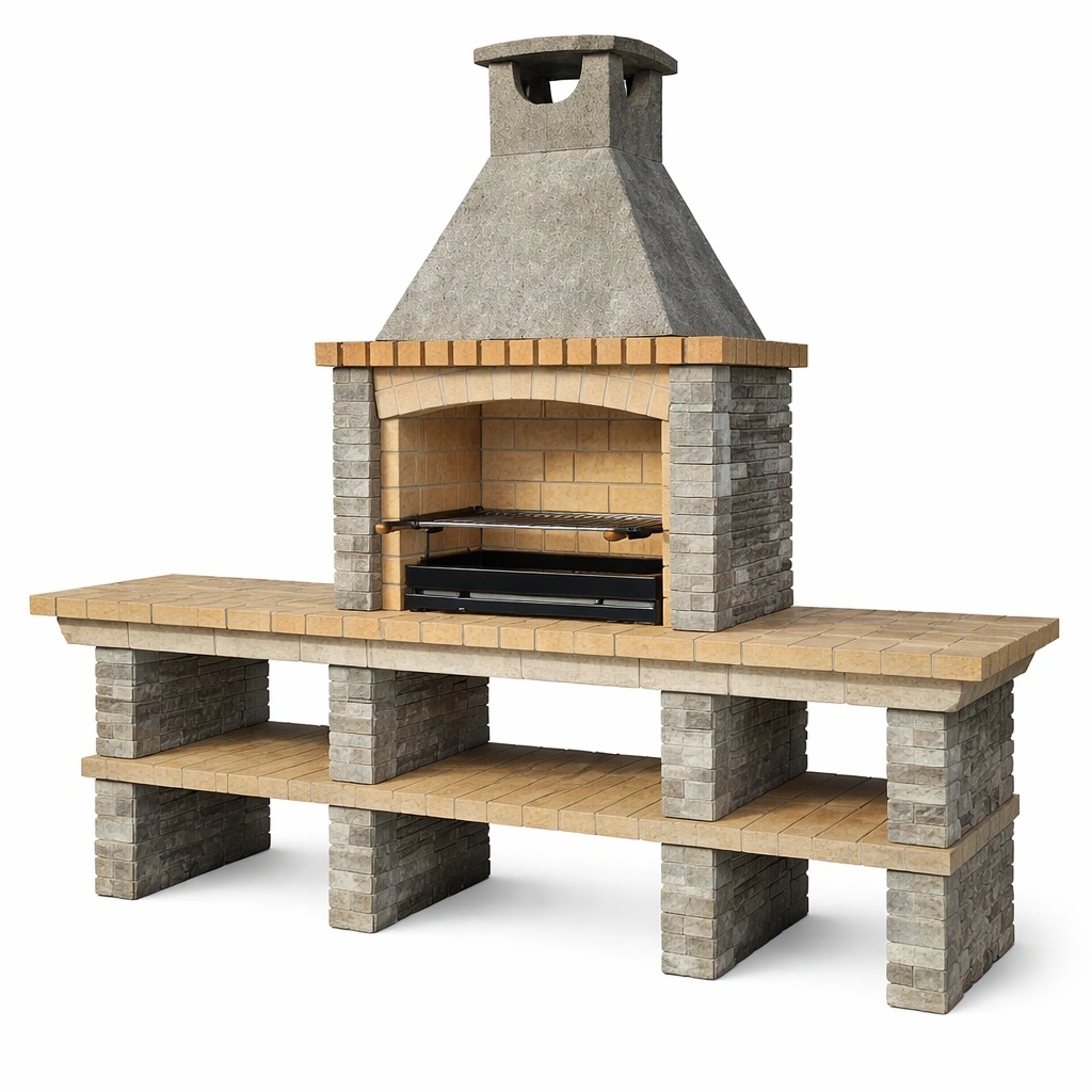 Barbacoa de ladrillo y piedra con parrilla ajustable para exterior-roomlina