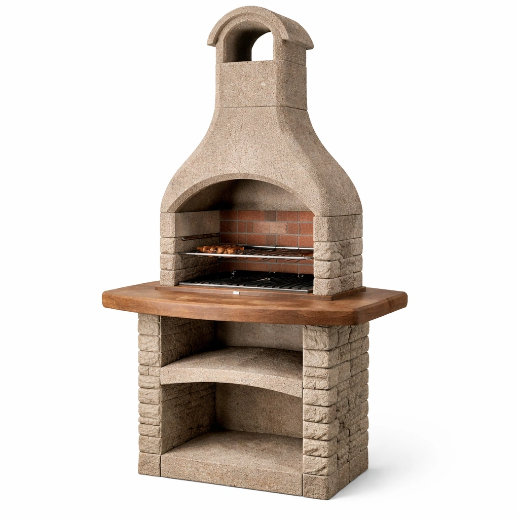 Barbacoa de hormigón y madera con rejilla de acero-roomlina