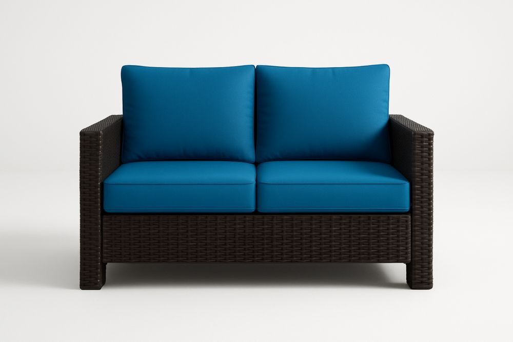 Sofá de 2 Lugares Polirretano Azul com Estrutura de Vime Sintético-Cozechez