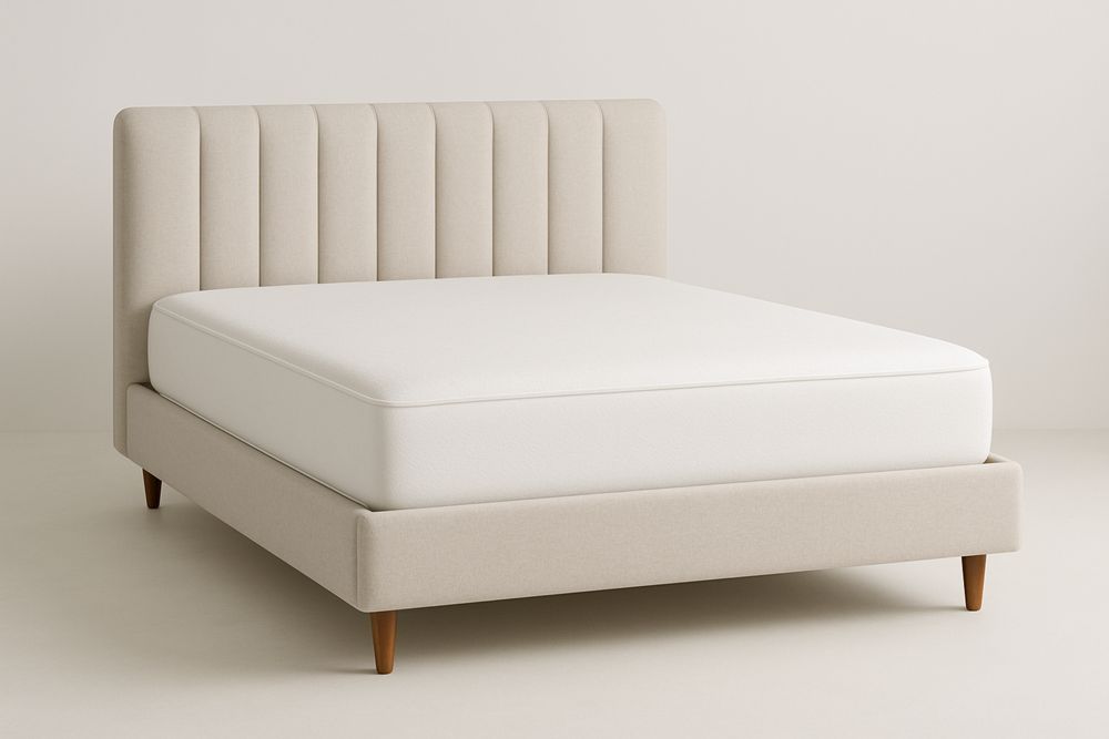 Cama estofada bege com cabeceira e estrutura em madeira maciça 200x150x100(C×L×A)cm-Cozechez