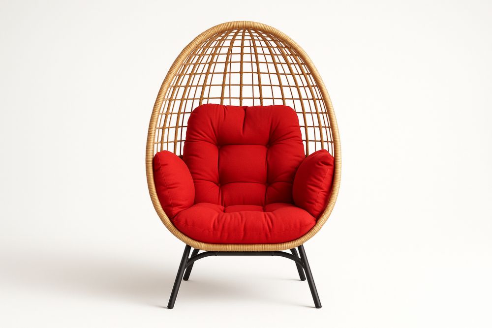 Cadeira Suspensa de Vime em Forma de Ovo com Estrutura de Aço e Almofada Vermelha-Cozechez