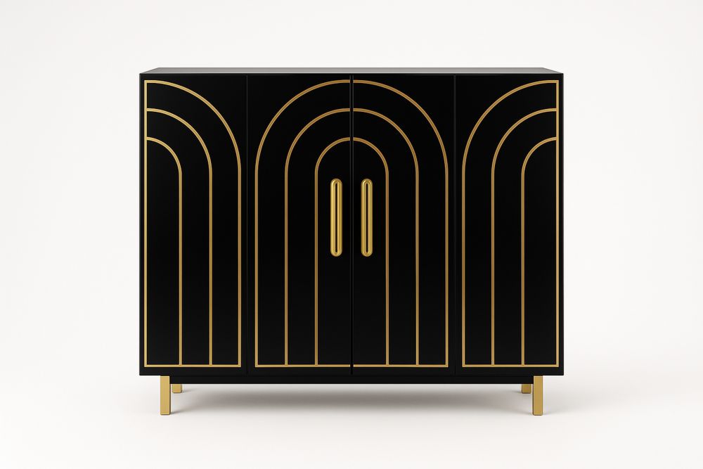 Armário decorativo de armazenamento em MDF preto com detalhes dourados e 4 portas-Cozechez