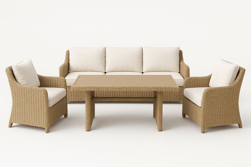 Conjunto de Sofá e Mesa de Vime Sintético Bege com Almofadas Brancas-Cozechez