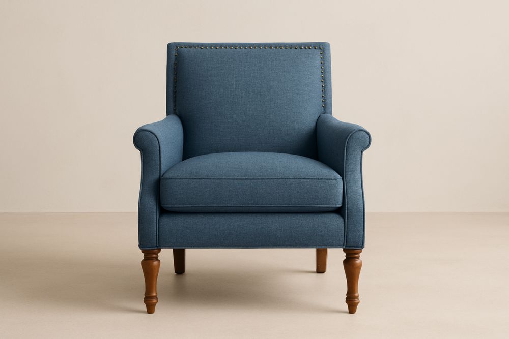 Poltrona em Linho Azul com Pernas de Madeira Maciça-Cozechez