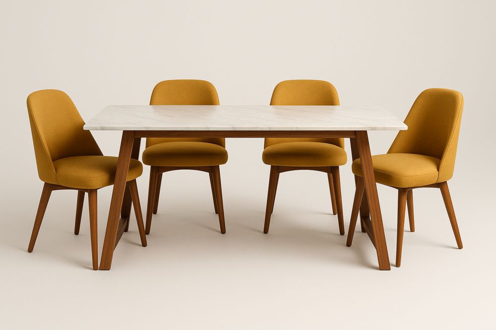 Conjunto de mesa em mármore com 4 cadeiras de madeira de carvalho e tecido-Cozechez