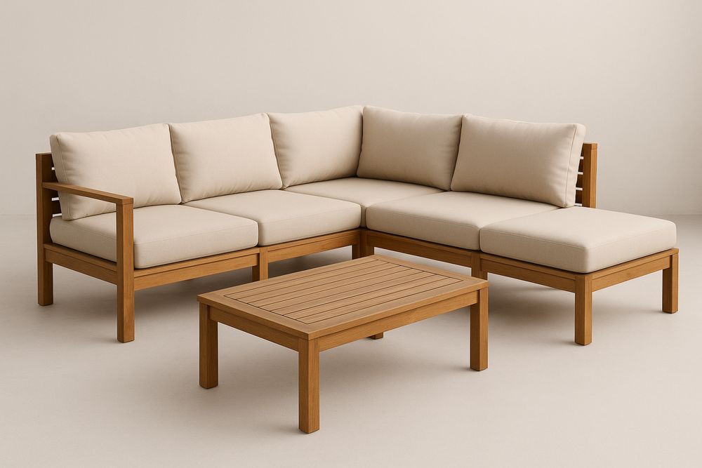 Conjunto de Sofá Seccional em Madeira de eucalipto e Tecido poliéster para Exterior-Cozechez