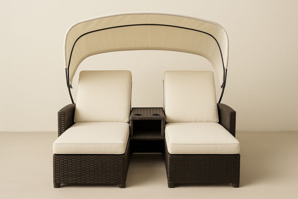 Conjunto de Espreguiçadeiras Duplas em Rattan com Dossel Beige-Nestgemuet