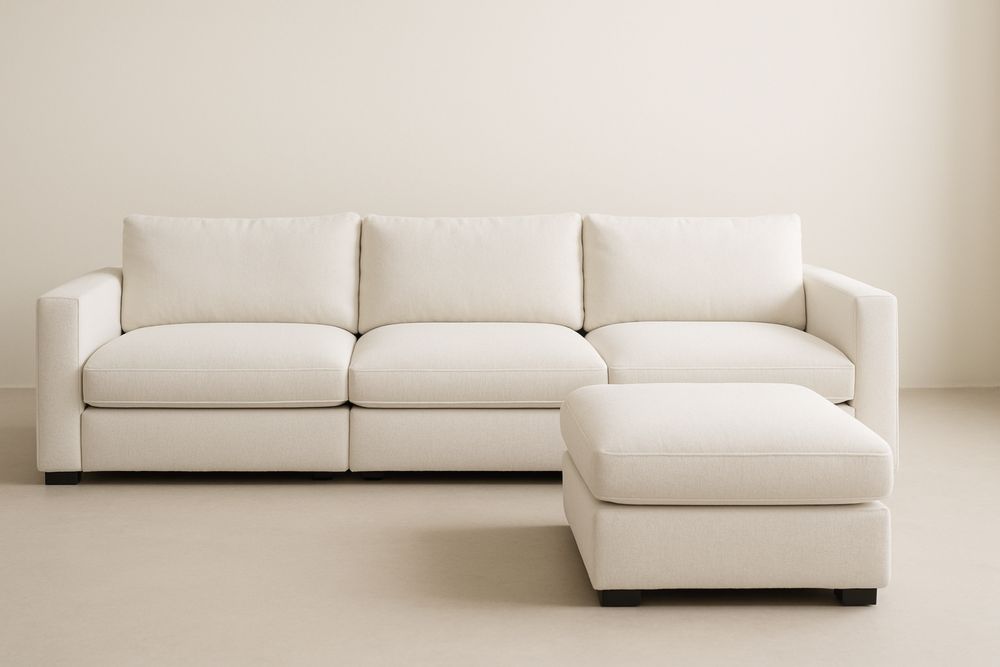 Sofá modular seccional creme em tecido de linho, 3 lugares, com puff-Nestgemuet