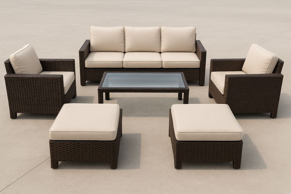 Conjunto de Sofá de Jardim em Rattan com Almofadas Creme e Mesa de Vidro Temperado-Nestgemuet