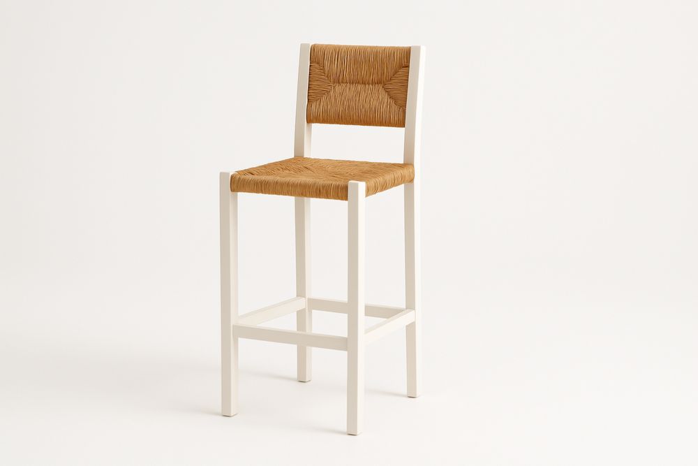 Banqueta de bar Alto Madeira pinheiro Branco com Assento de Palha Trançada-Nestgemuet