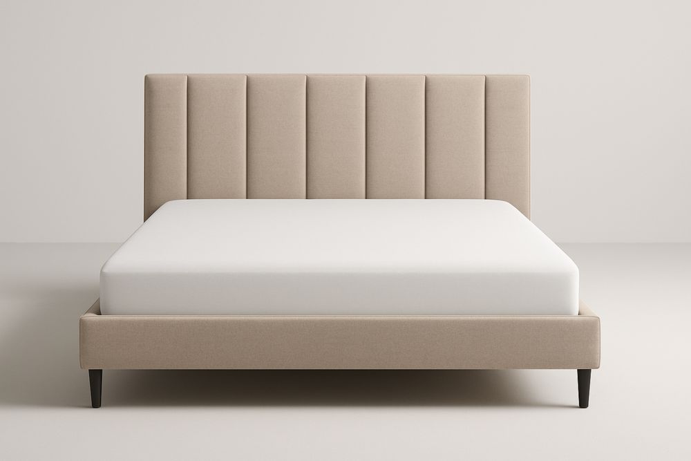 Estrutura de cama de casal estofada com cabeceira vertical em tecido de poliéster bege-Nestgemuet