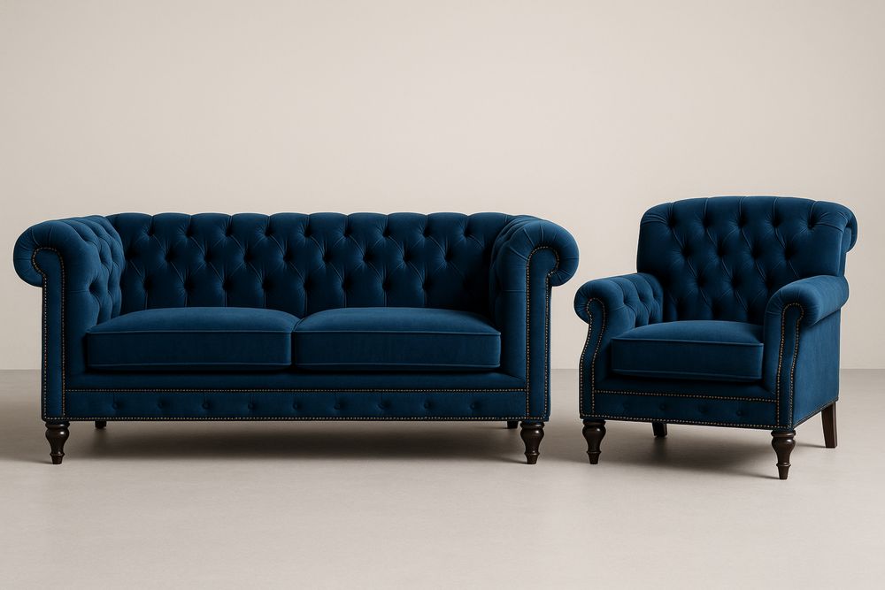 Conjunto Sofá e Poltrona Veludo Azul-Nestgemuet