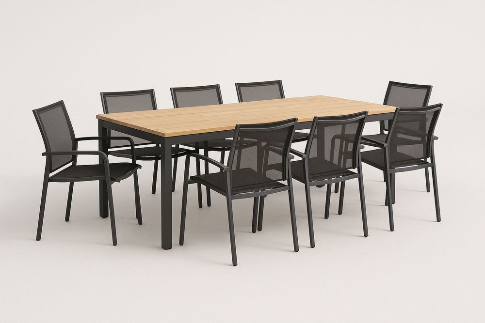 Conjunto de Mesa de Madeira de acácia com 8 Cadeiras Pretas de Alumínio e Tela de poliéste-Nestgemuet