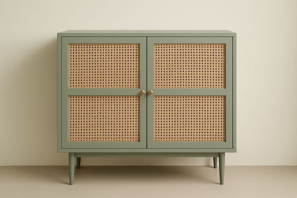 Aparador decorativo verde em madeira de carvalho com portas de rattan 80x76x40(A×L×P) cm-Nestgemuet