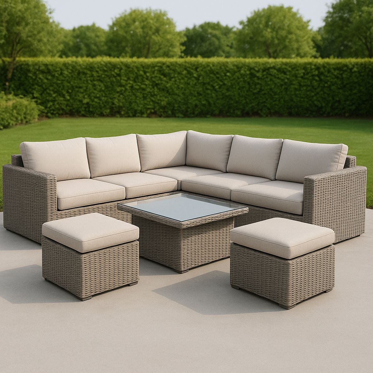 Kültéri rattan sarokkanapé szett edzett üveg asztallappal