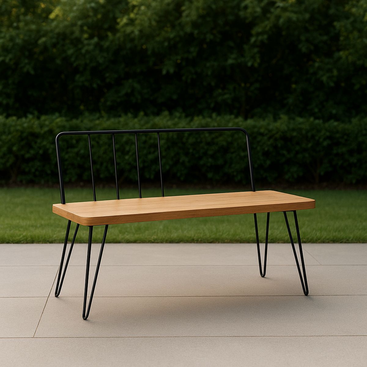 Kültéri pad tömör fa ülőlappal és fém vázzal