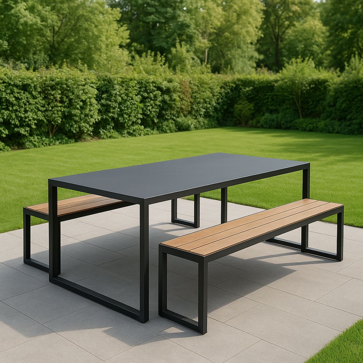 Kerti étkezőasztal és pad készlet alumínium fekete és akácfa 150x90x75 cm