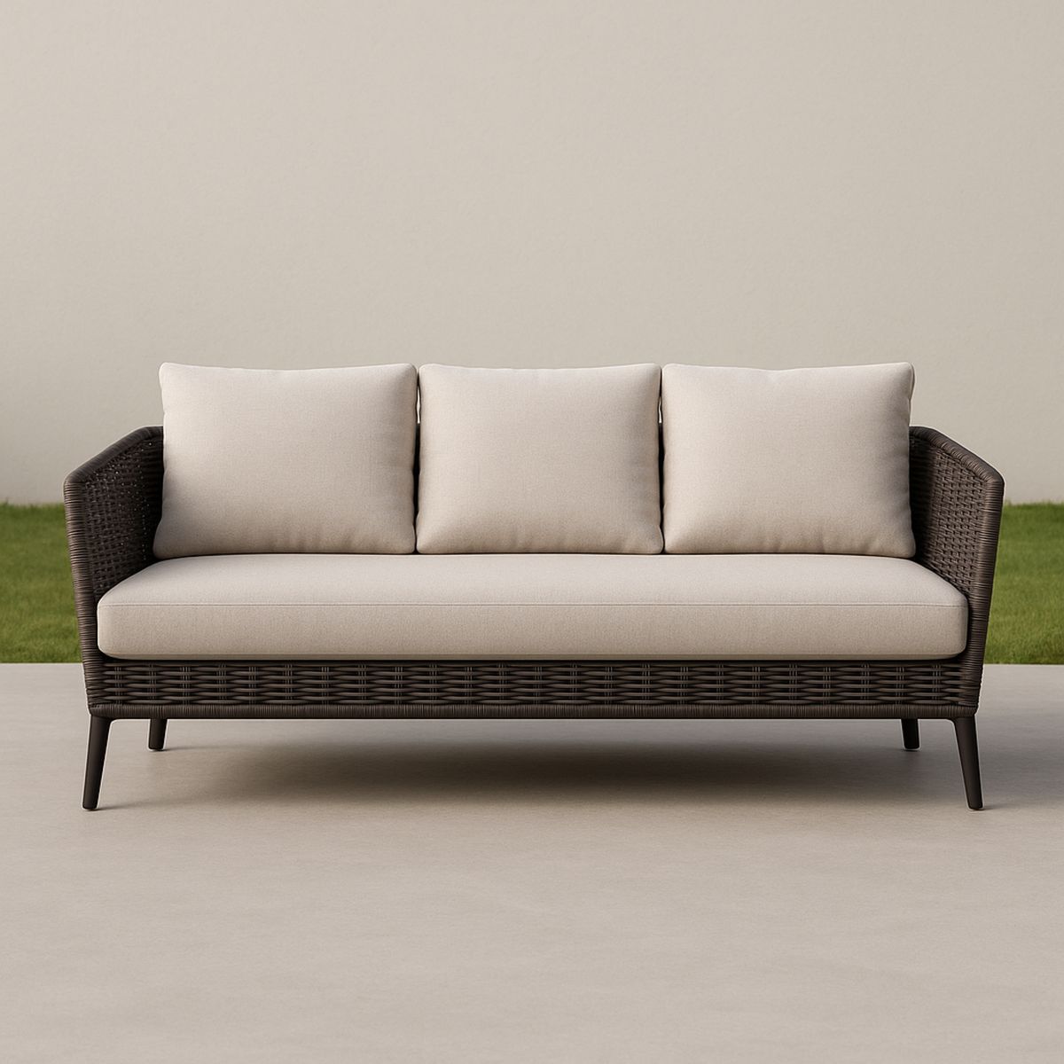 Kerti műrattan kanapé bézs párnákkal és időjárásálló alumínium kerettel