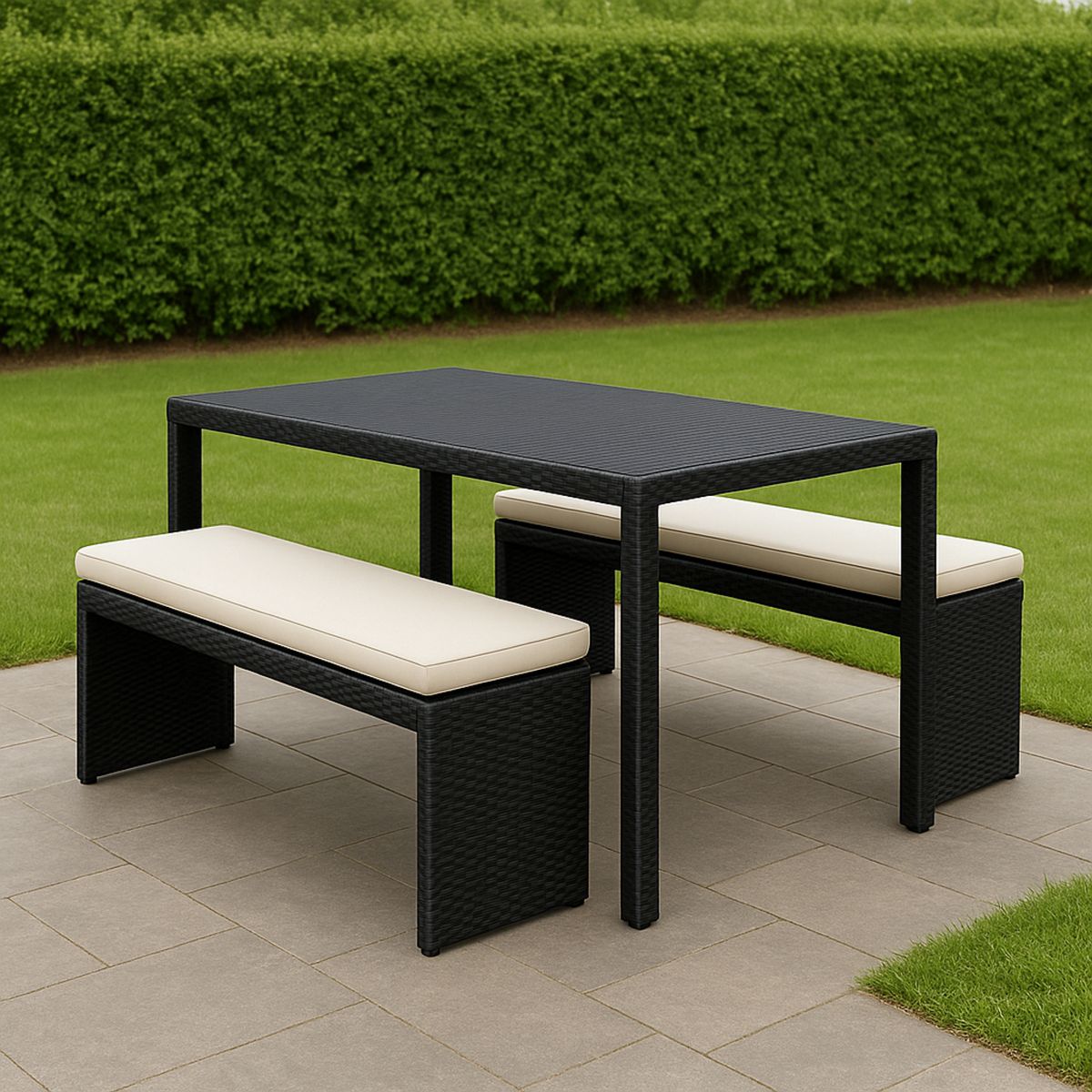 Kerti bútorszett fekete polyrattan asztallal és padokkal krém párnákkal