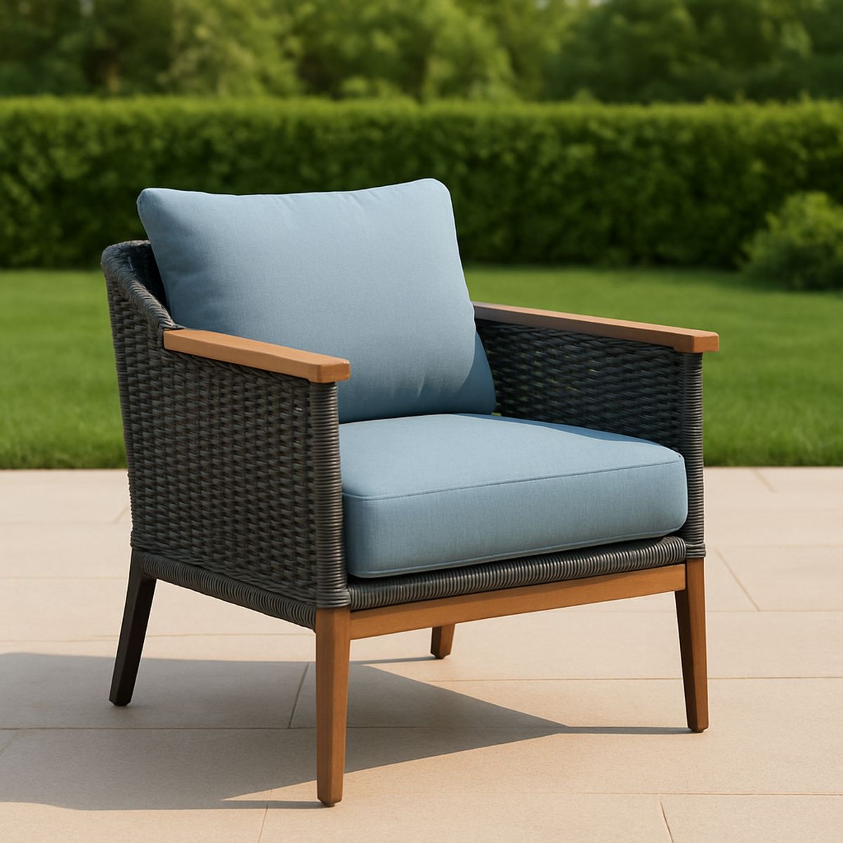 Kültéri fonott karosszék kék párnákkal fa karfával