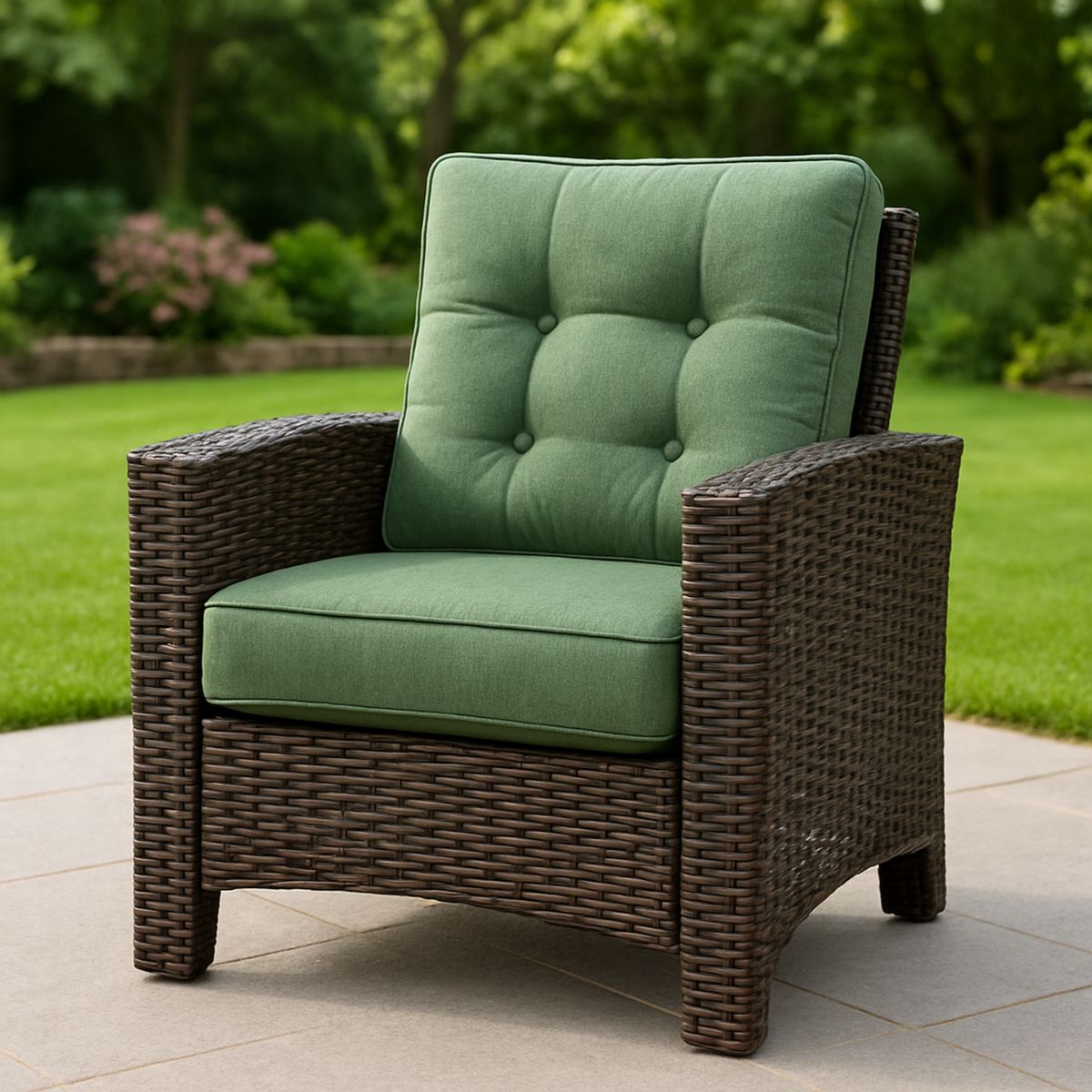 Kültéri fotel műrattan keret zöld poliészter párnákkal