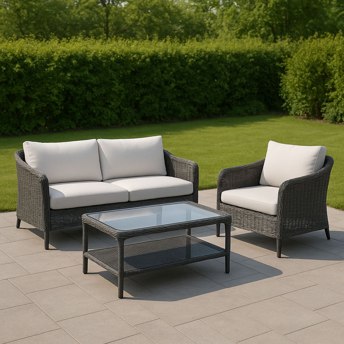 Kerti bútorgarnitúra fonott szürke edzett üveg asztallal krémfehér párnákkal