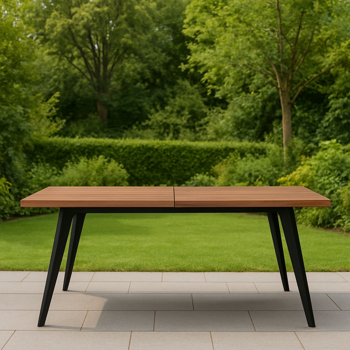 Kerti étkezőasztal fa asztallap fekete fém lábakkal 180 cm