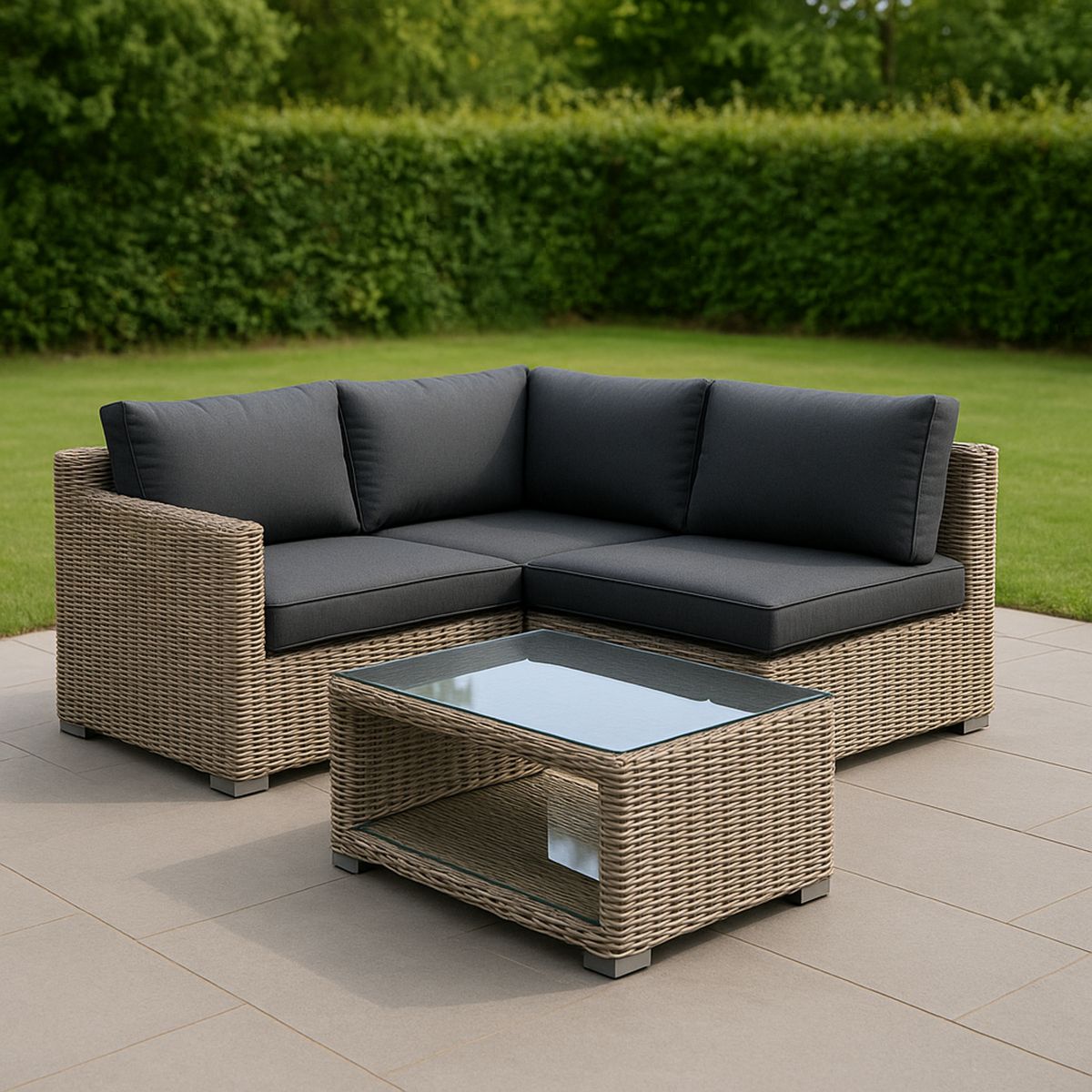 Rattan L-alakú kültéri ülőgarnitúra üvegasztallal antracit párnákkal