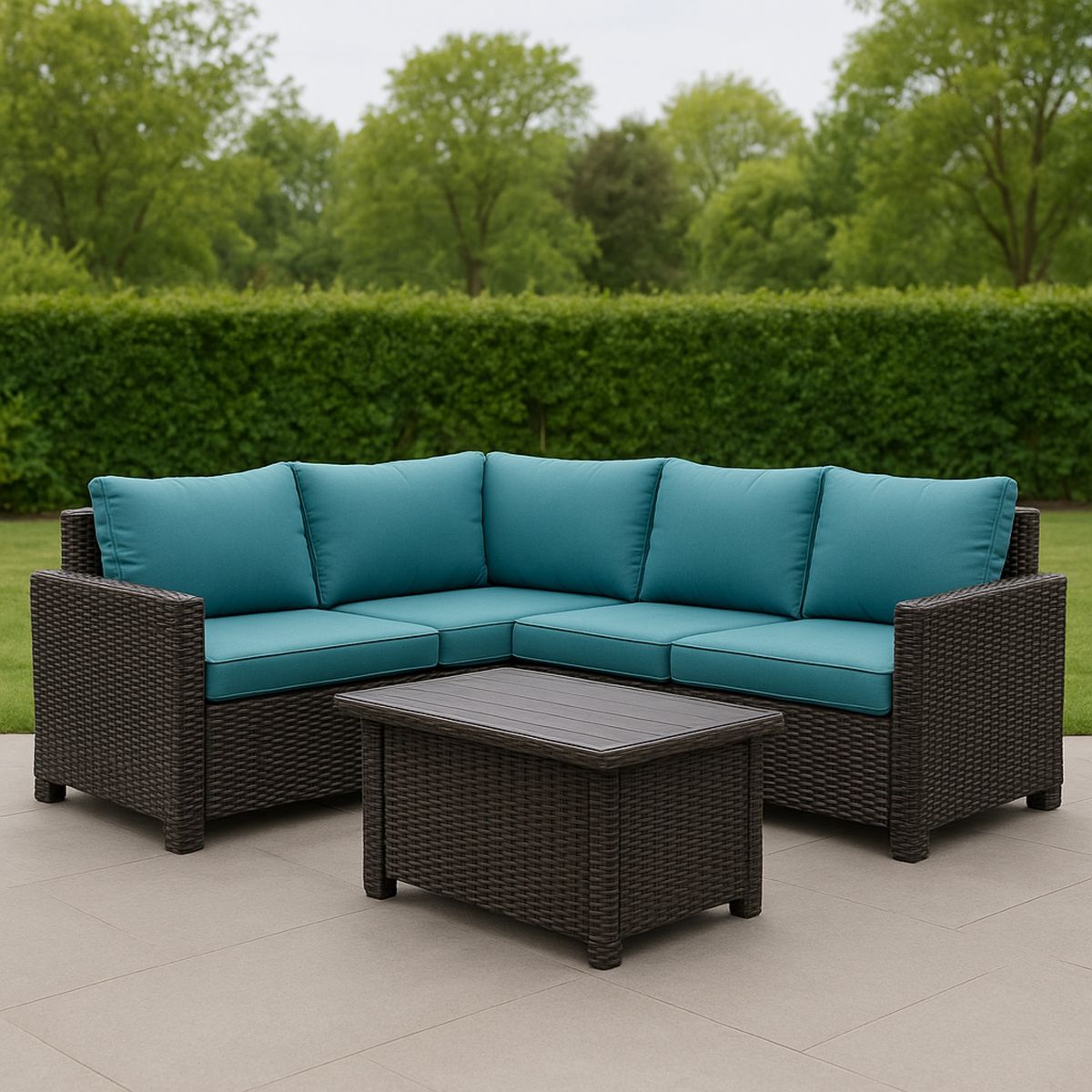 Műrattan kültéri sarok ülőgarnitúra poliészter párnákkal, kék