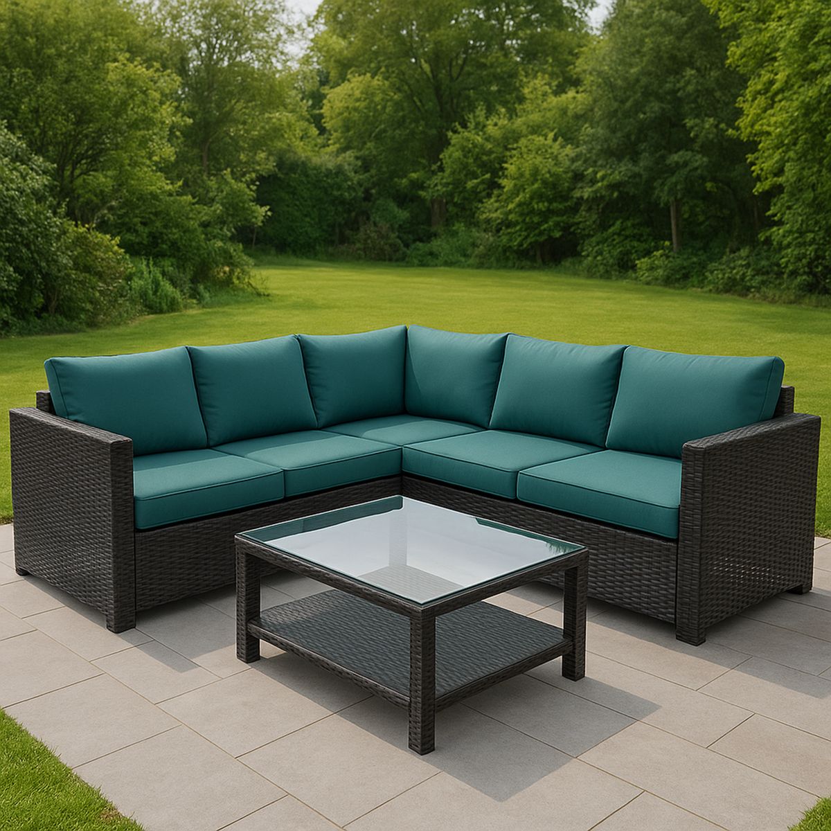 Kerti sarokkanapé garnitúra szett üvegasztallal szürke fonott PE rattan kék párnákkal