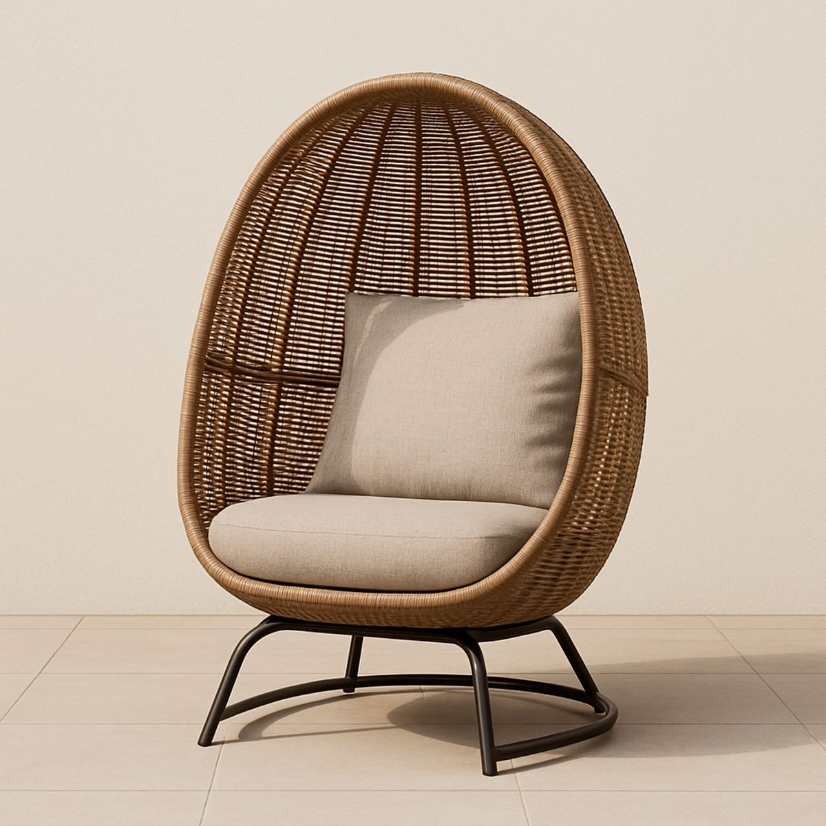 Kültéri tojás alakú rattan szék fém vázzal és párnával