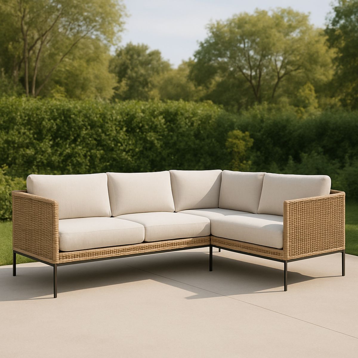 Kültéri L alakú ülőgarnitúra rattan és acél kerettel, Bézs párnák