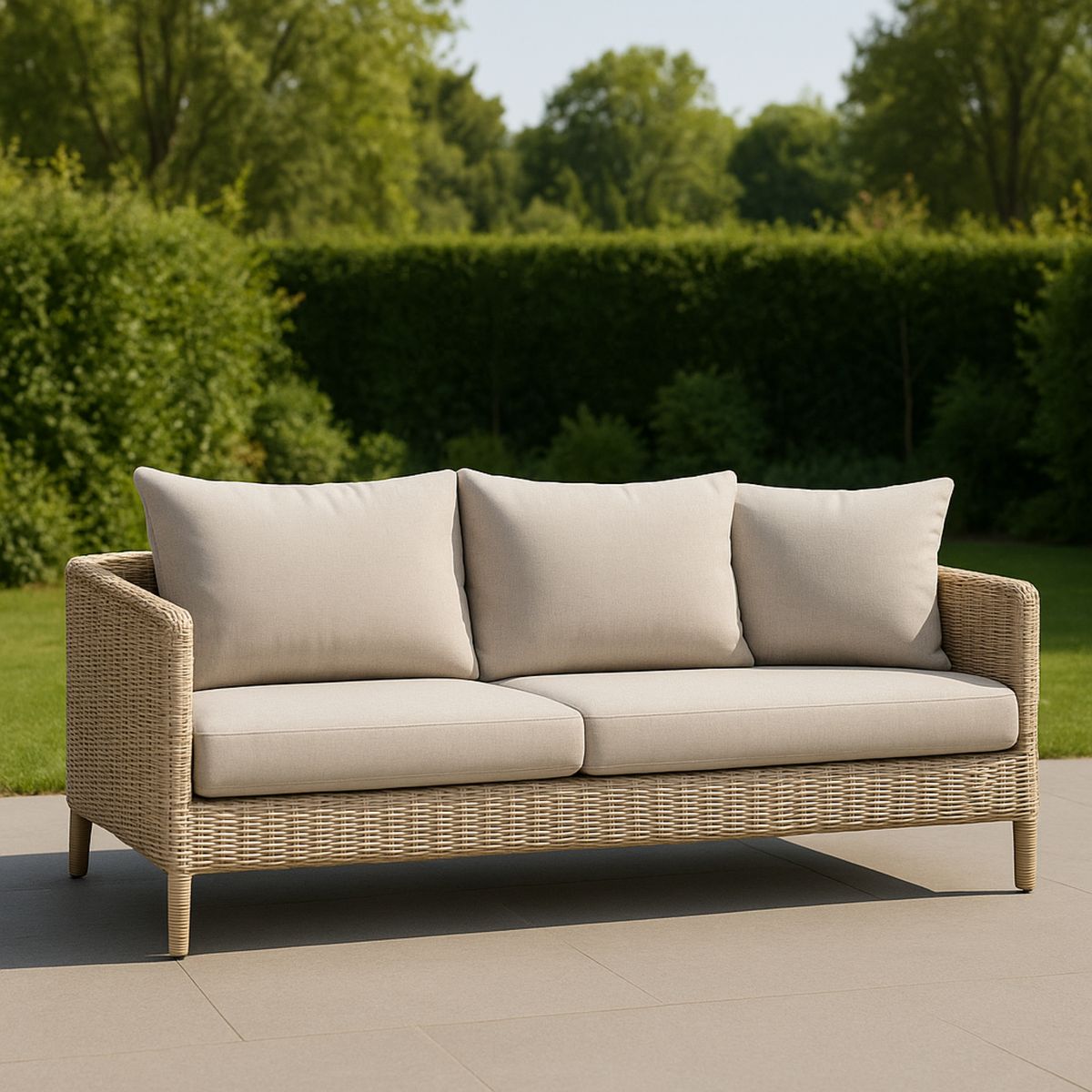 Kerti alumínium fonott kanapé háromszemélyes bézs párnával