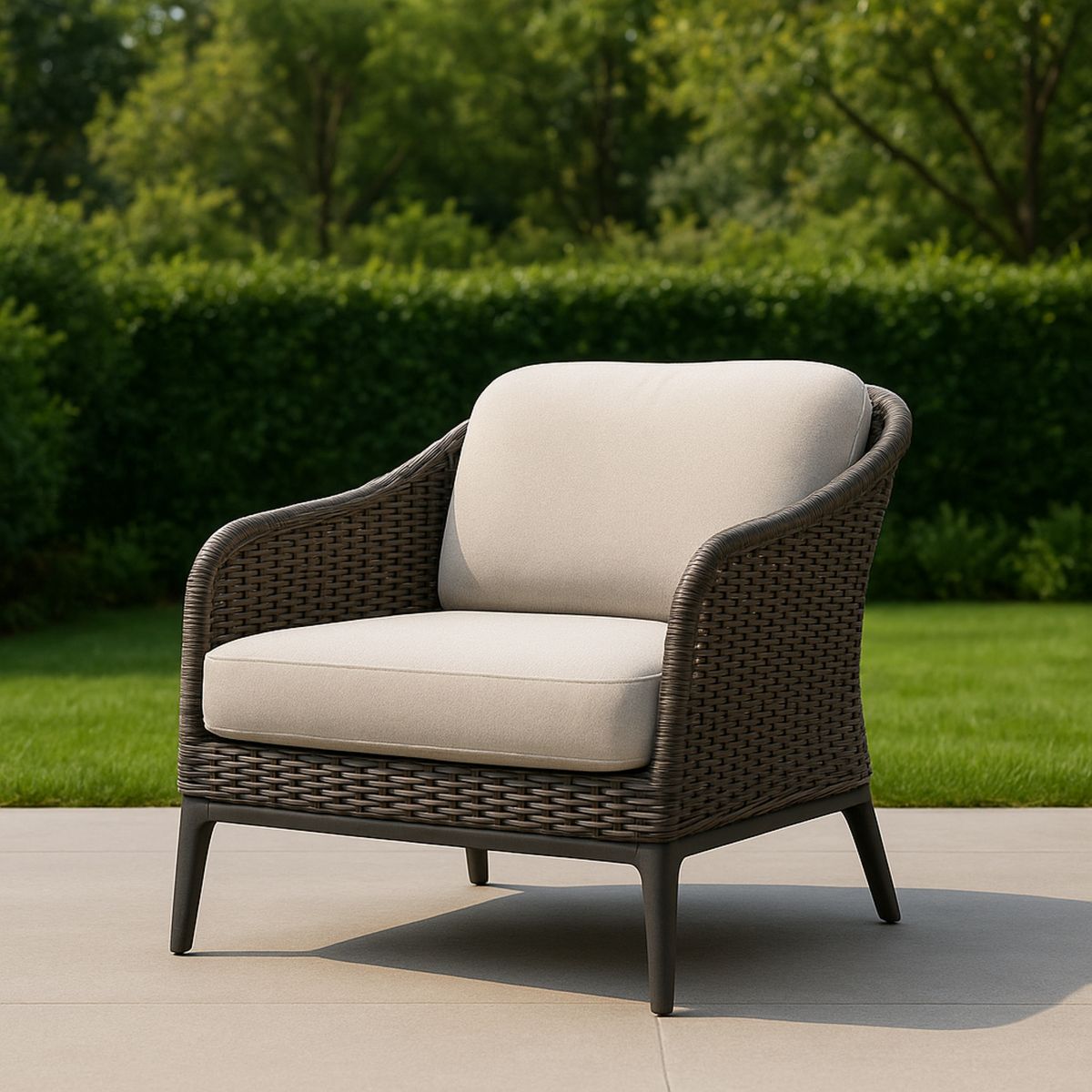 Polyrattan Kültéri Fotel Fém Vázzal és Bézs Párnával