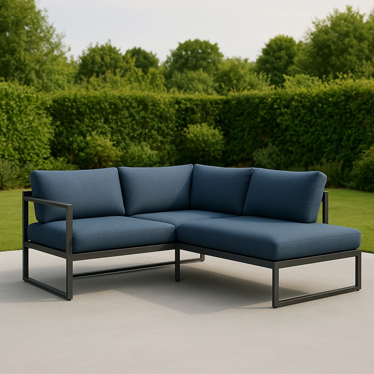 Sötétkék kültéri sarokkanapé fém vázzal és párnázott ülőfelülettel