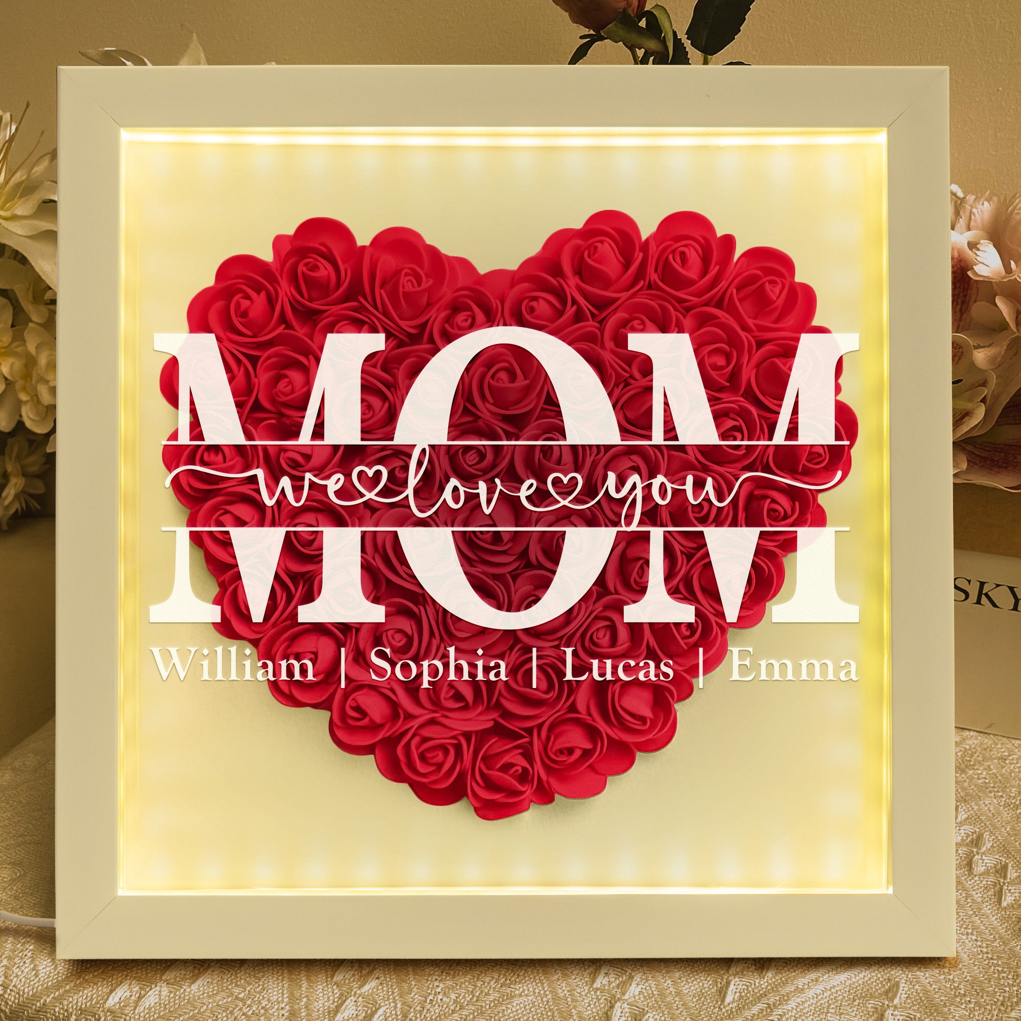 Mother's Day Gifts, We Love You Mom - Personalized Flower Shadow Box With LED Light