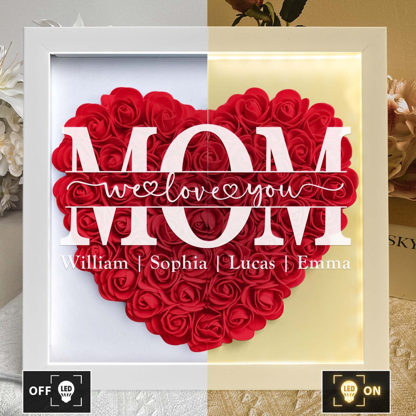 Mother's Day Gifts, We Love You Mom - Personalized Flower Shadow Box With LED Light