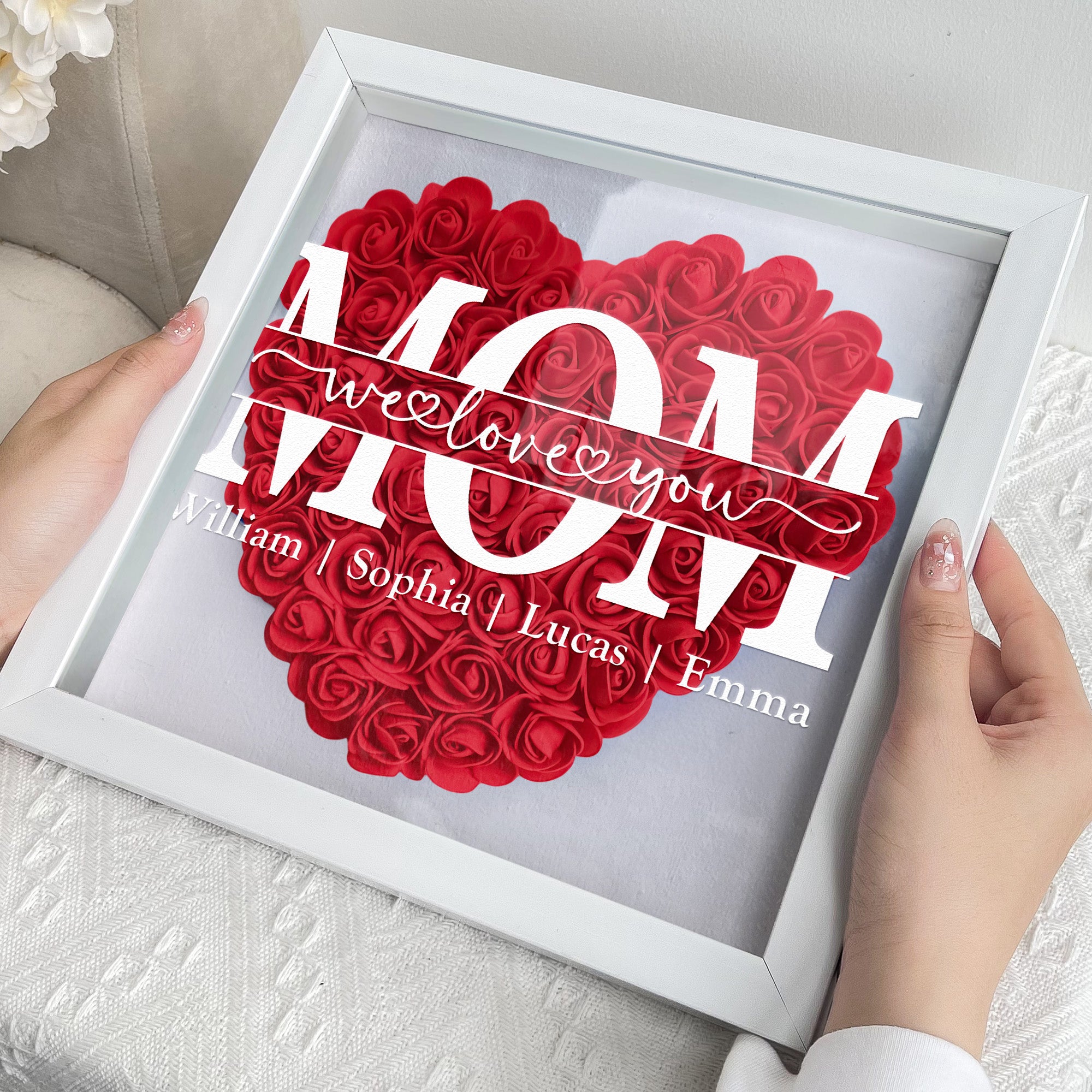 Mother's Day Gifts, We Love You Mom - Personalized Flower Shadow Box With LED Light