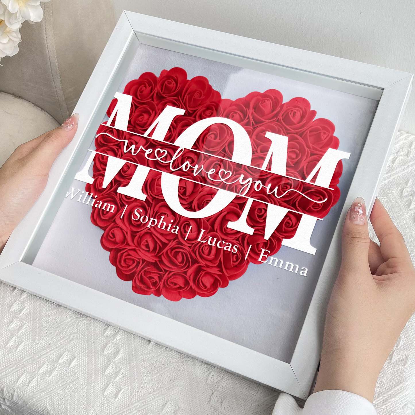 Mother's Day Gifts, We Love You Mom - Personalized Flower Shadow Box With LED Light