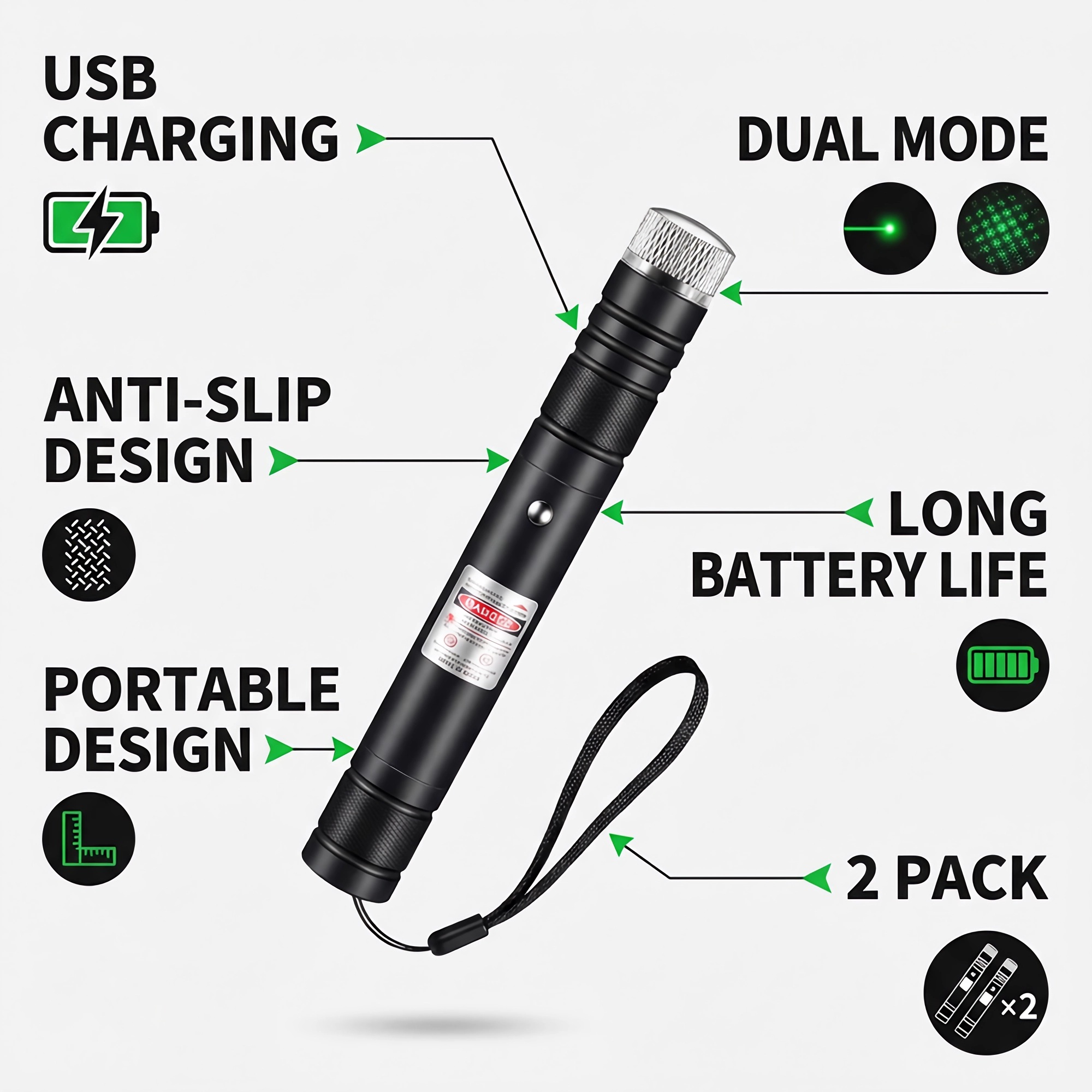 2 Pack High Power Green Laser Pointer with USB Rechargeable