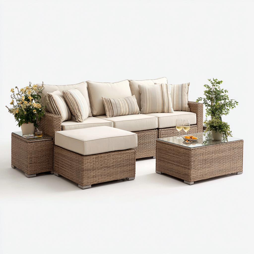 Canapé de jardin modulable avec table structure en résine tressée 220x160x75 cm - beige et marron - salon extérieur style contemporain-Licordanest