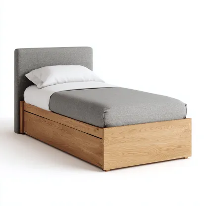 Lit simple structure bois et tête de lit textile 200x90x95 cm - gris clair et bois naturel - couchage intérieur style moderne-Licordanest