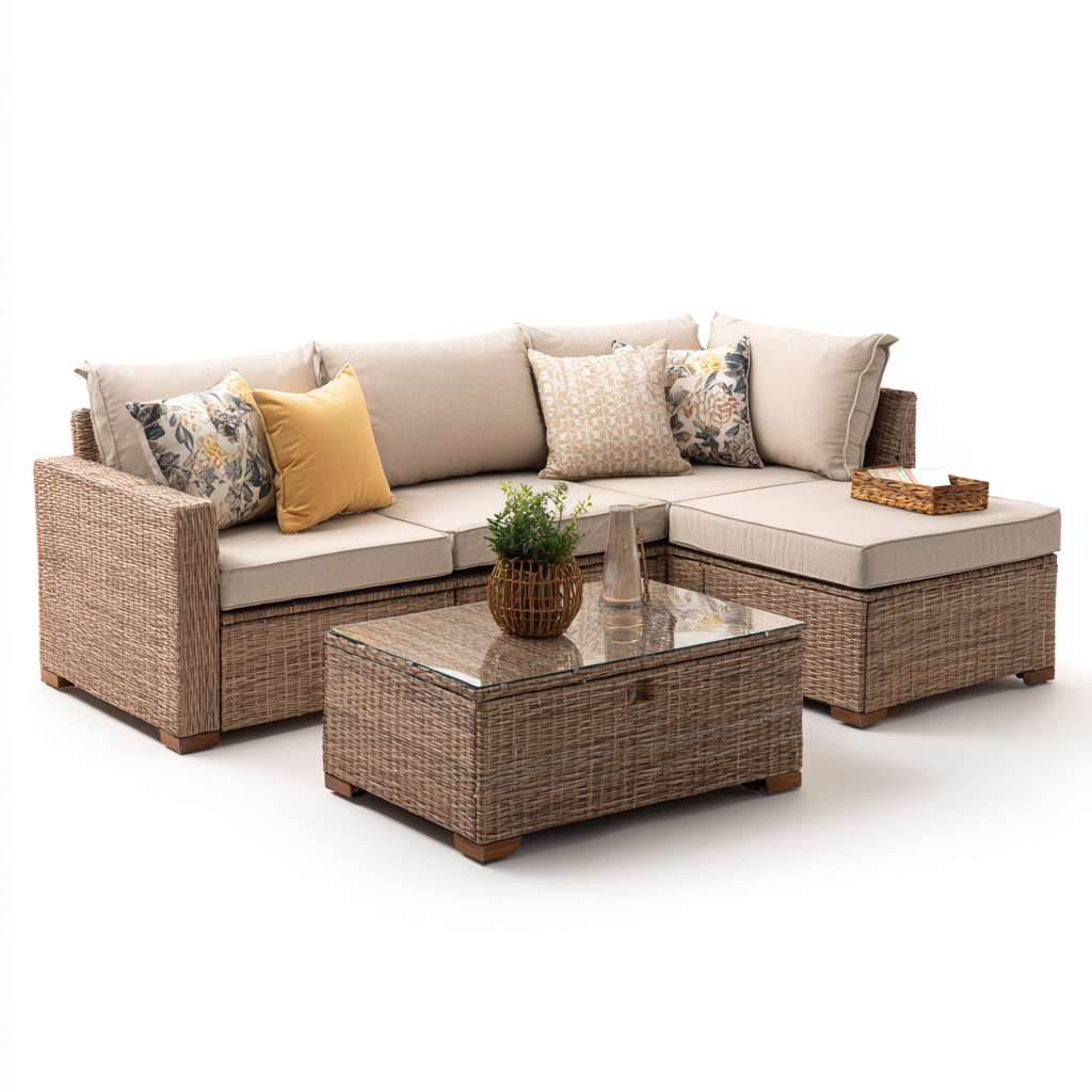 Canapé de jardin d'angle en résine tressée avec table 215x150x80 cm - beige-marron - style contemporain-Licordanest
